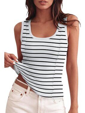 Women's Black Striped Tank Top Ribbed Scoop Neck Slim Fit Sleeveless